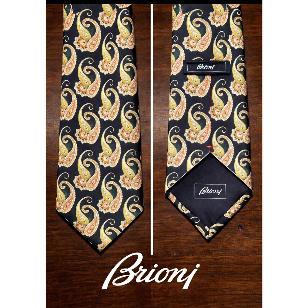 BRIONI Tie Silver Gray / Green / Orange PAISLEY 100% Silk Made In Italy